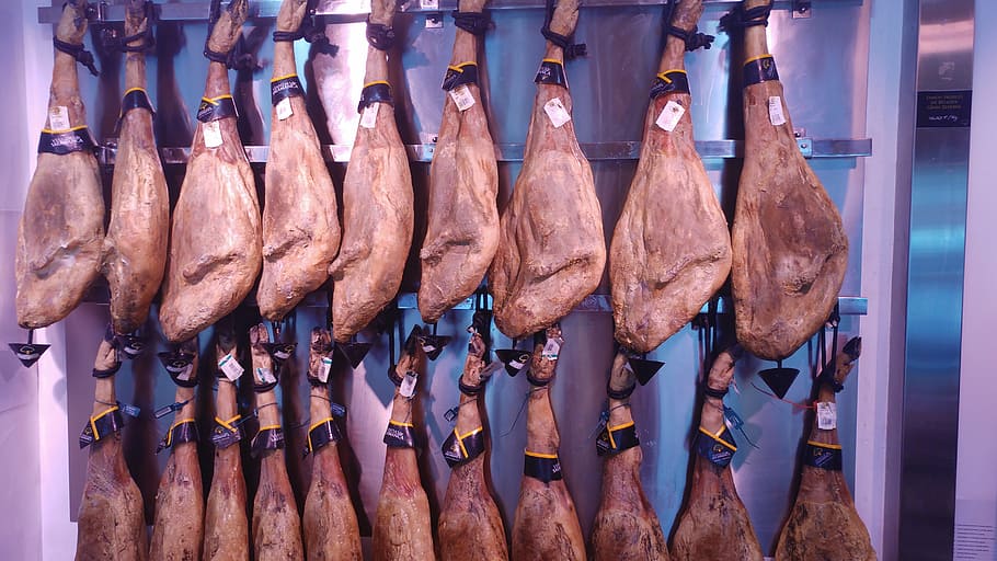 jamon iberico, iberian ham, spanish food, spain, food and drink, meat, freshness, food, hanging, side by side