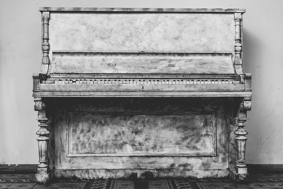 gray, wooden, upright, piano, instrument, music, keys, notes, old, vintage