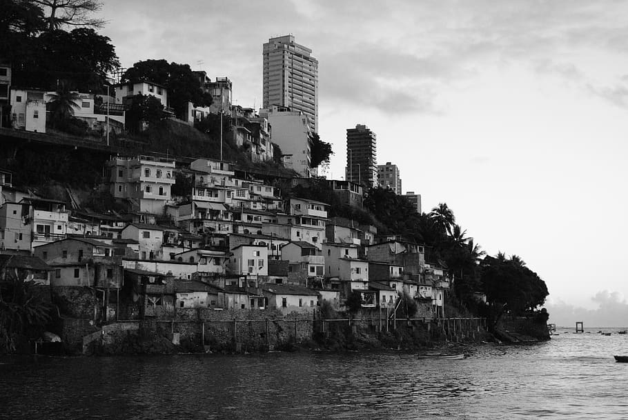 favela, mangu, beach, black and white, brazil, building exterior, architecture, built structure, building, water