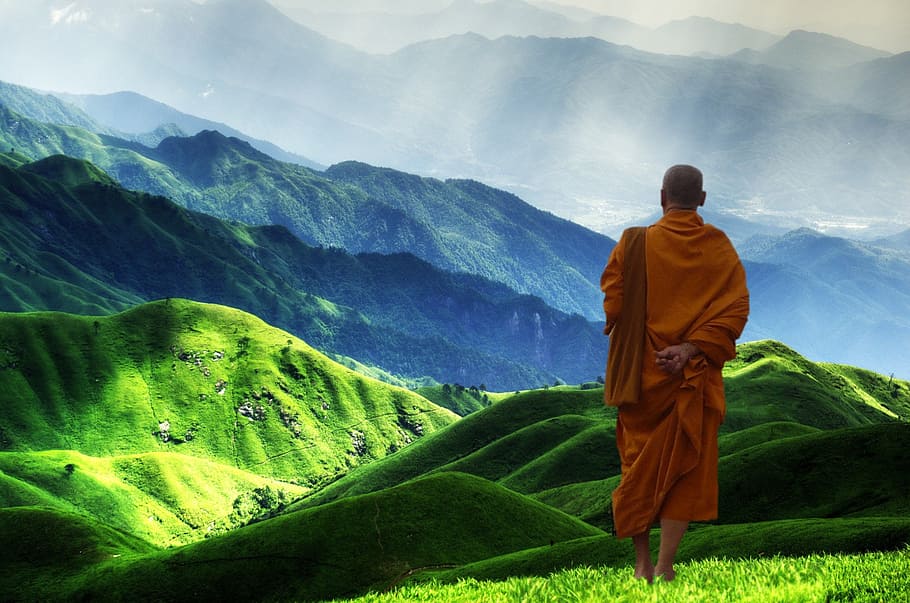 masculino, monge, em pé, verde, montanha, budista, budismo, meditação, iluminação, religião