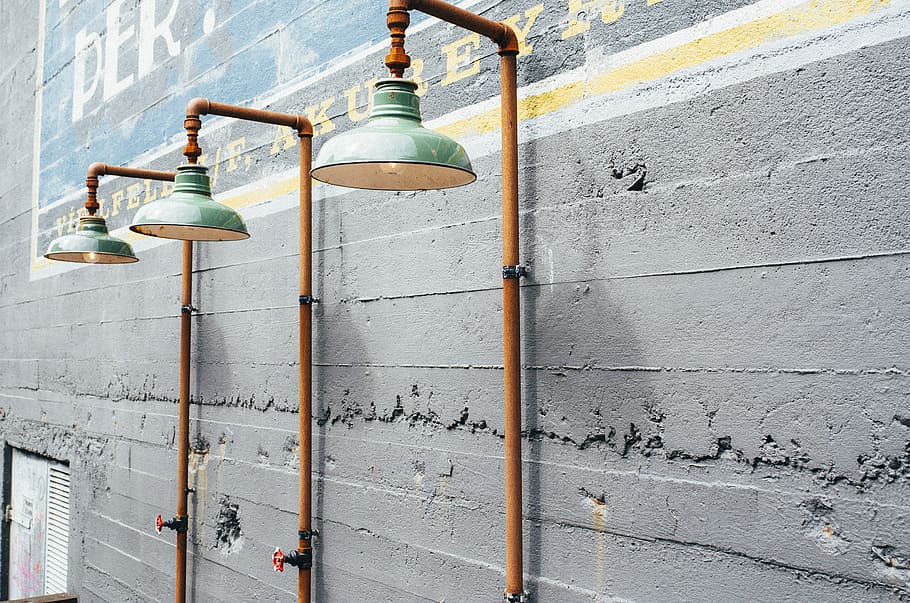lamps, lights, pipes, wall, mural, knob, concrete, wall - building feature, pipe - tube, metal