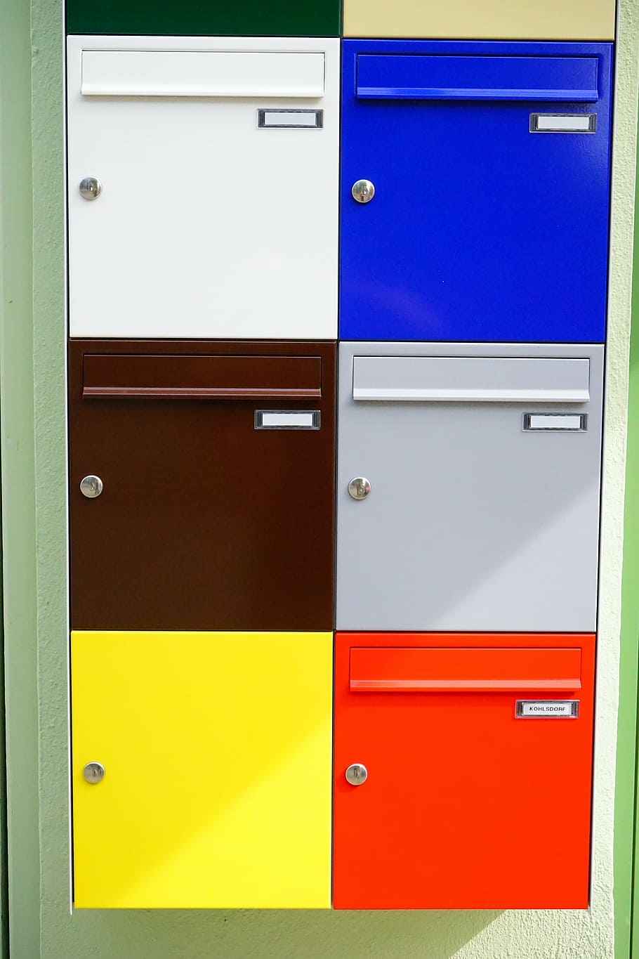 letter boxes, colorful, color, post, house number, yellow, red, blue, white, grey