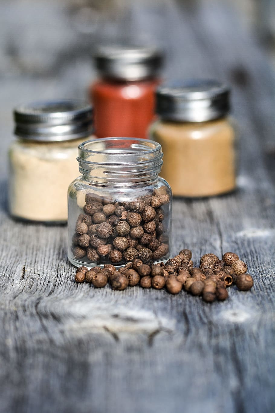brown, nuts, clear, glass jar, spices, jar, kitchen, cooking, wooden, pepper