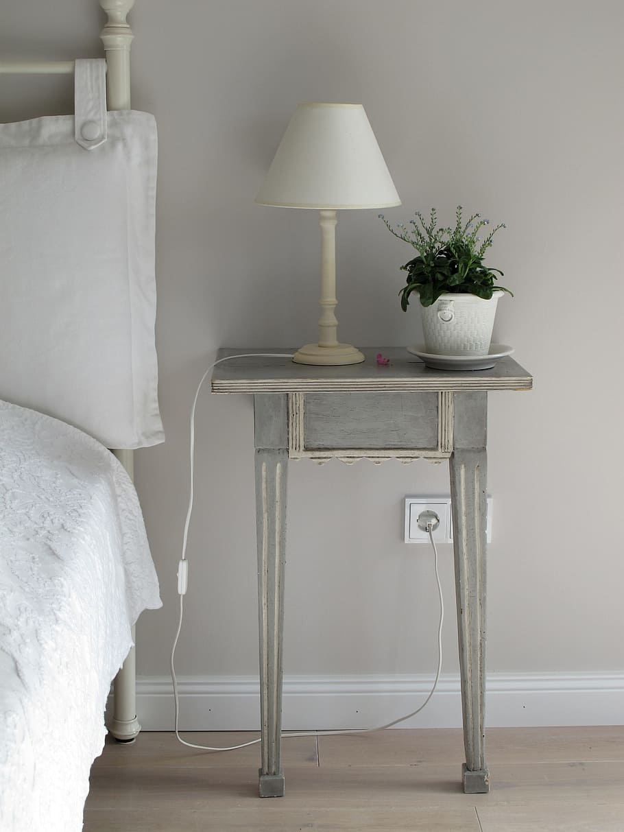 white, table lamp, top, grey, wooden, side table, bedroom, lamp, light, plant