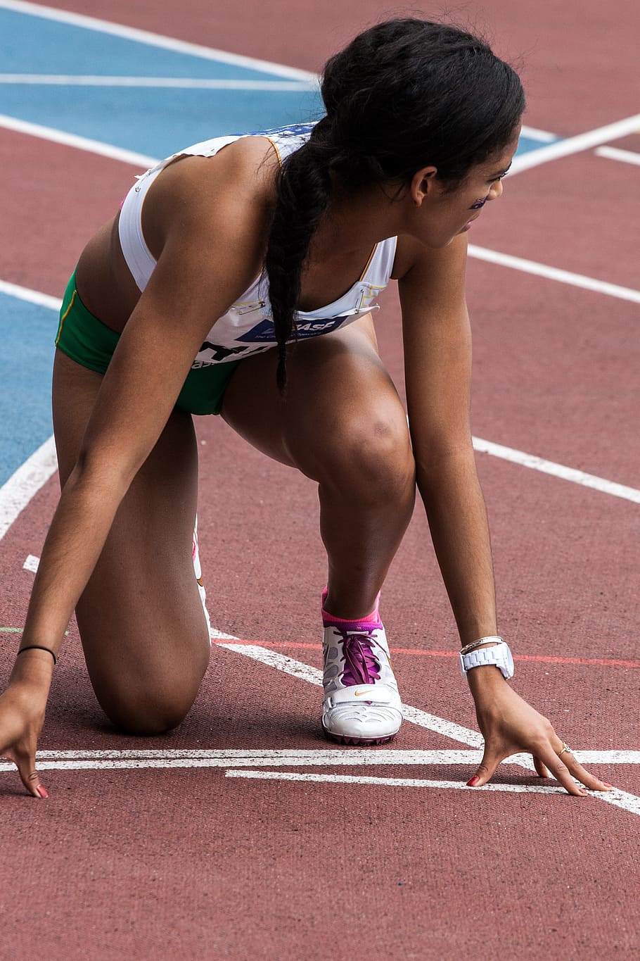 woman, wearing, white, tank, top, brown, field, Athletics, Sport, Run