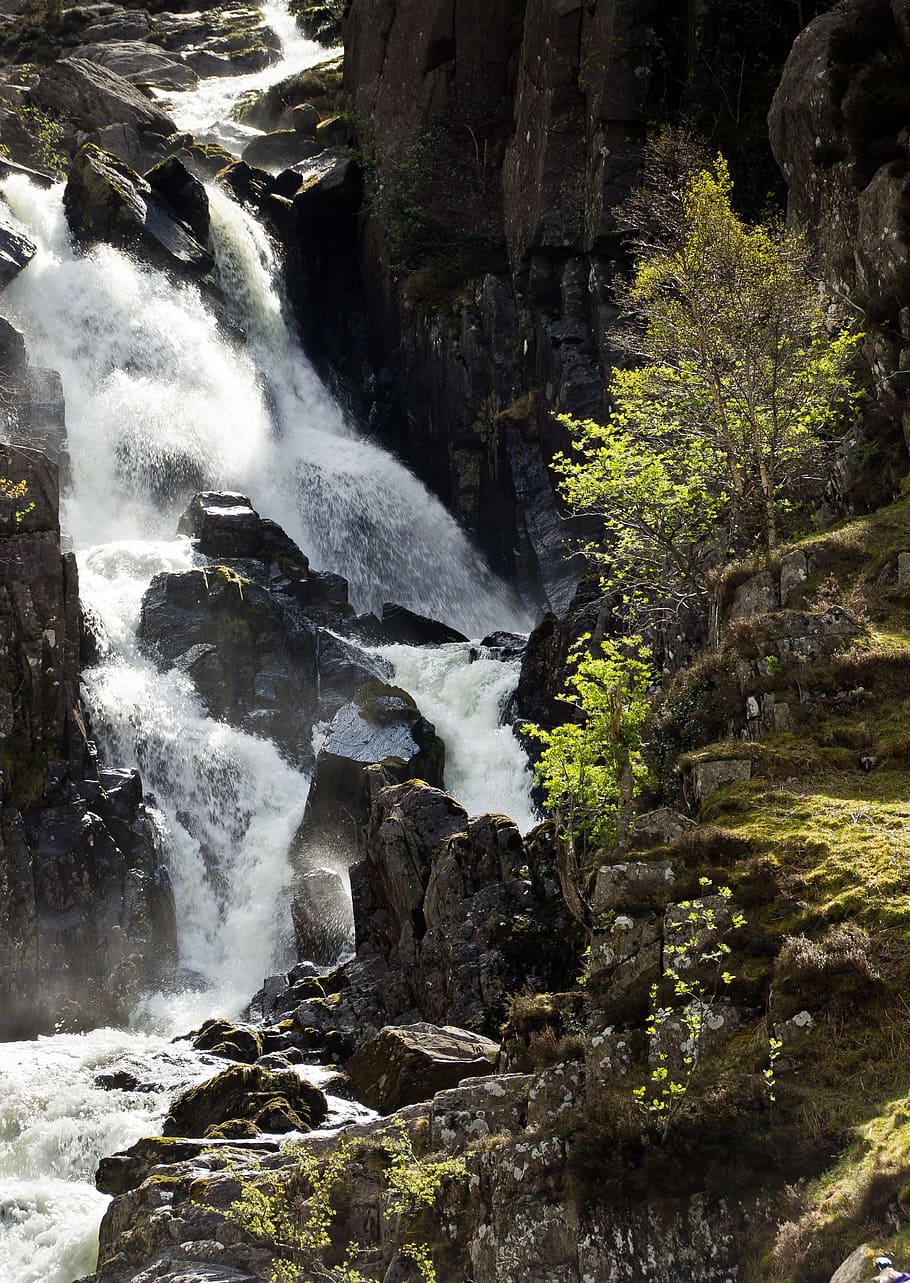 high, angle photo, waterfalls, lower ogwen waterfall, wales, snowdonia, waterfall, park, national, nature