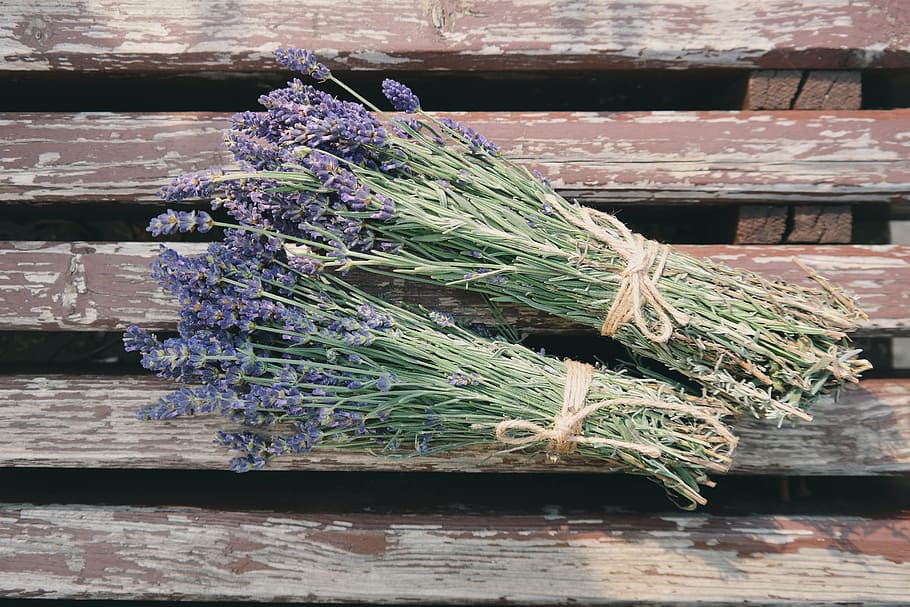 two, bundles, lavenders, beautiful flowers, flowers, fresh, lavender, purple flowers, wildflowers, wood