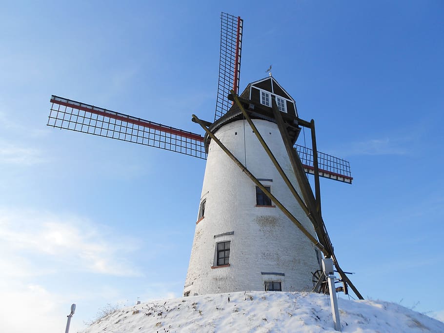 Damme, Wind Mill, mill, lighthouse, sky, blue, tower, outdoors, snow, famous Place