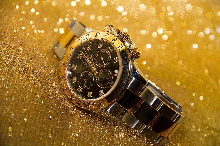 round gold-colored, black, rolex analog, watch, link band, clock, wrist watch, time, golden ...