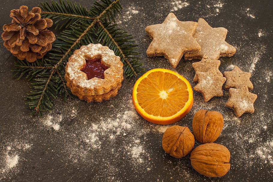 brown, nut, orange, floor, cookie, cookies, small cakes, bake, pastries, christmas