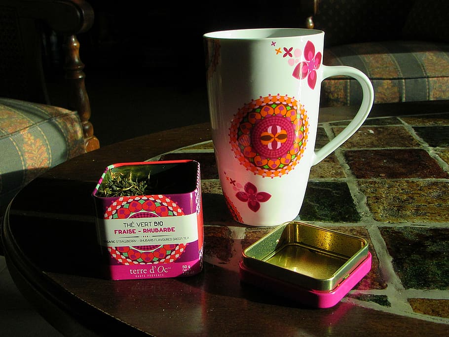 cup, mug, tea, tea leaves, tin, porcelain, drink, indoors, art and craft, table