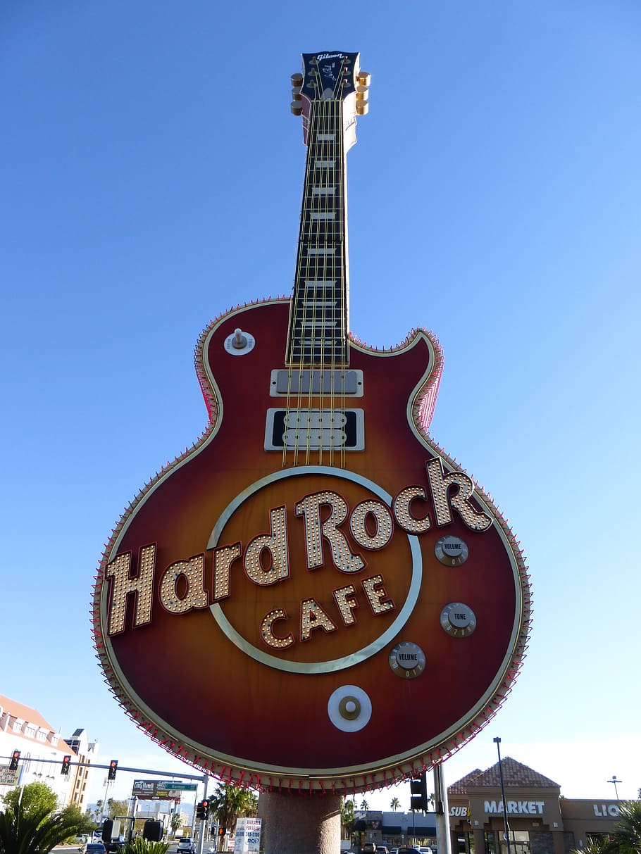 Las Vegas, guitarra, Hard Rock Cafe, Estados Unidos, América, escudo, cielo, arquitectura, comunicación, exterior del edificio