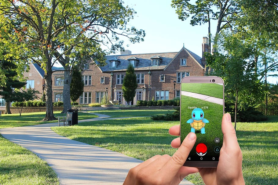 person, holding, beige, android smartphone, playing, pokemon, go!, pokemon go, street, lawn