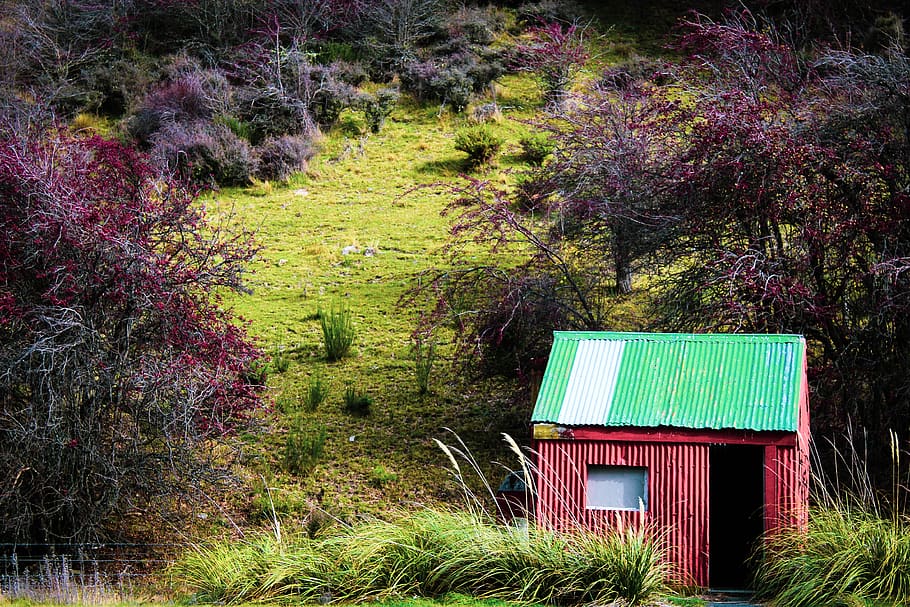cabana, cenário, natureza, paisagem, montanha, cênico, bonito, cabana vermelha, ao ar livre, caminhada