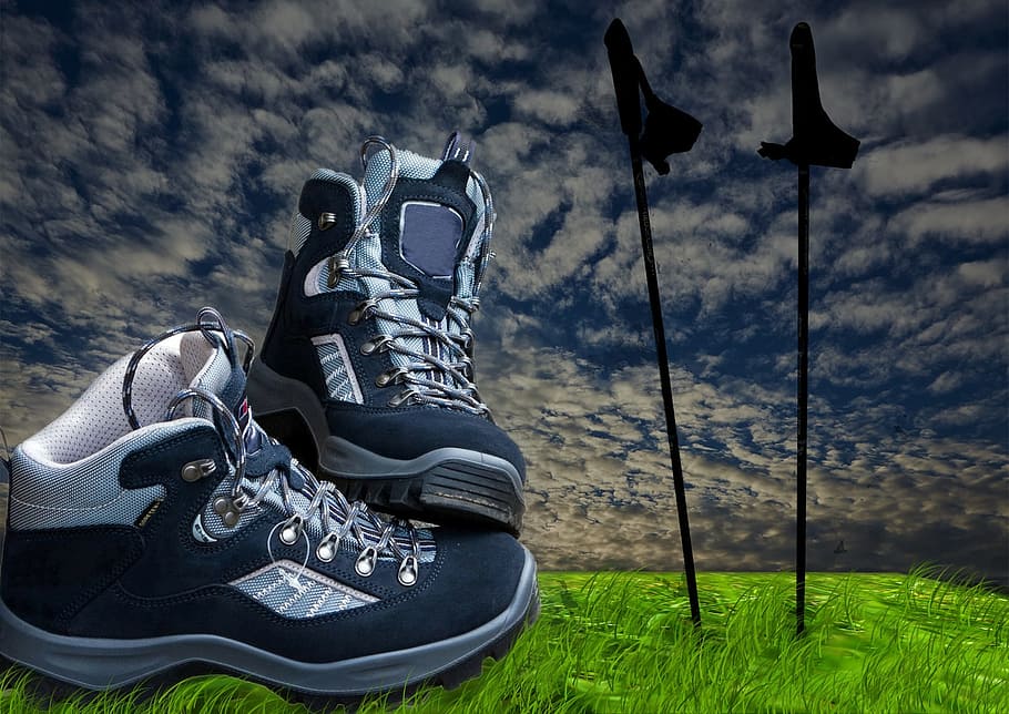 pair, black, sneakers, hiking shoes, sticks, hiking, trekking, nordic walking, walken, sport