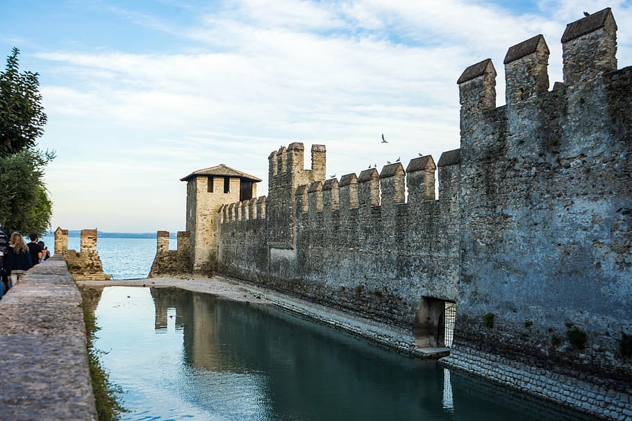 scaliger castle, lake garda, sirmione, italy, italian, fortress, europe, lombardy, water, tourism