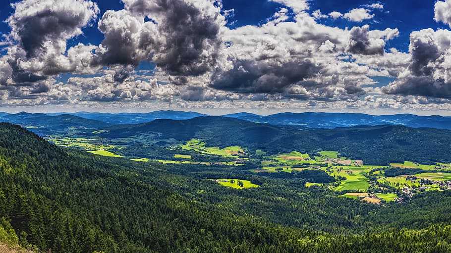 aerial, photography, mountain range, bavarian forest, bavaria, landscape, nature, sky, view, forest