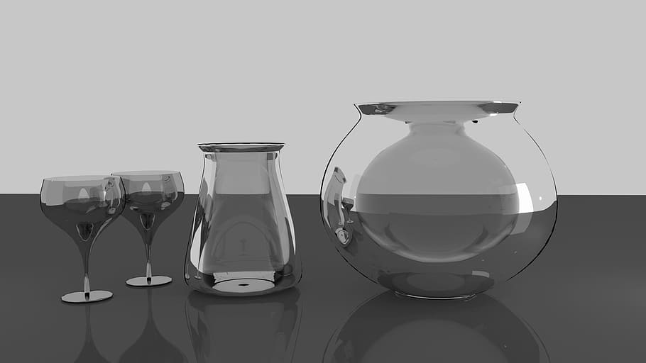 cuencos de vidrio, cuencos, frascos, render 3d, artículos de vidrio 3d, vidrio, alimentos, fresco, orgánico, mesa