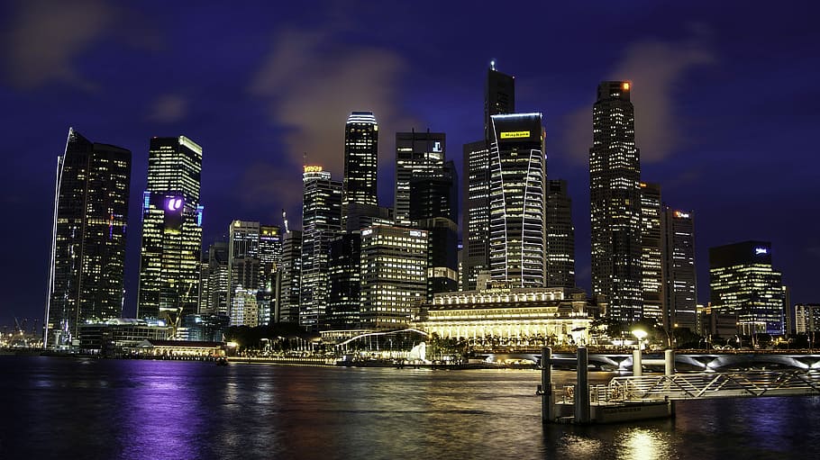 シンガポールのスカイライン, 暗い, 青, 空, 背景, 夜, シンガポール, スカイライン, 濃い青, 青空