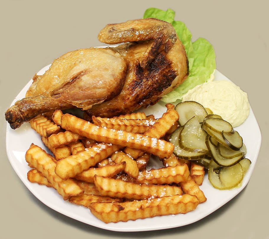 roasted, chicken, potato fries, cabbage, fast food, french fries, food, fried chicken, remoulade, cucumbers