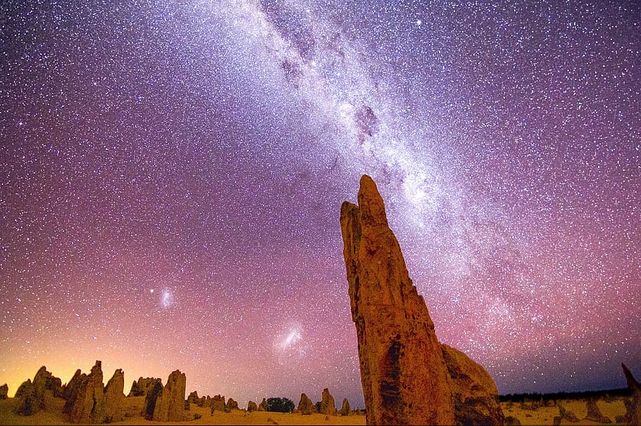 time lapse photograph, rock, starry night, milky way, rocks, night, landscape, pinnacles, australia, sky