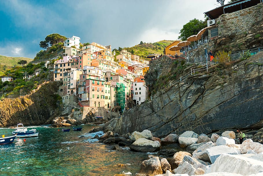 multicolored, house, cliff photo, cinque terre, the sun, holidays, clouds, sky, landscape, summer