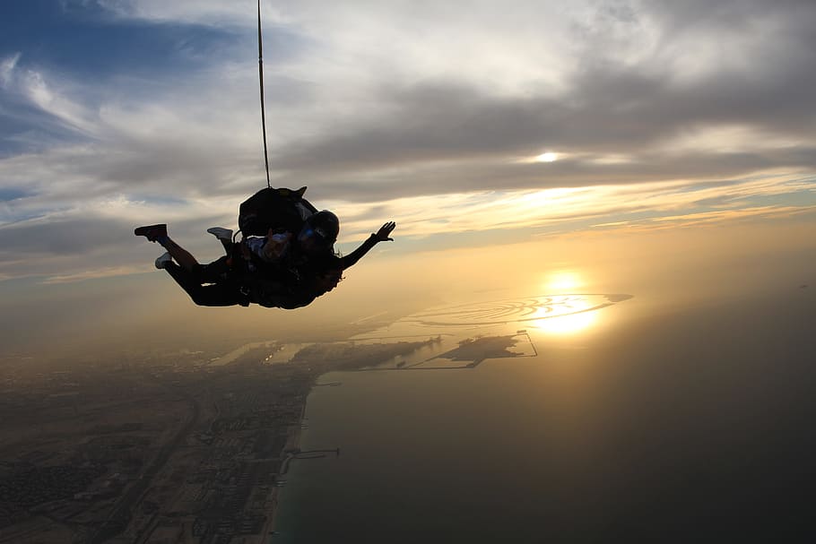 skydiving, overcoming, dubai, fly, paratroopers, parachute, sky, sunset, clouds, sport