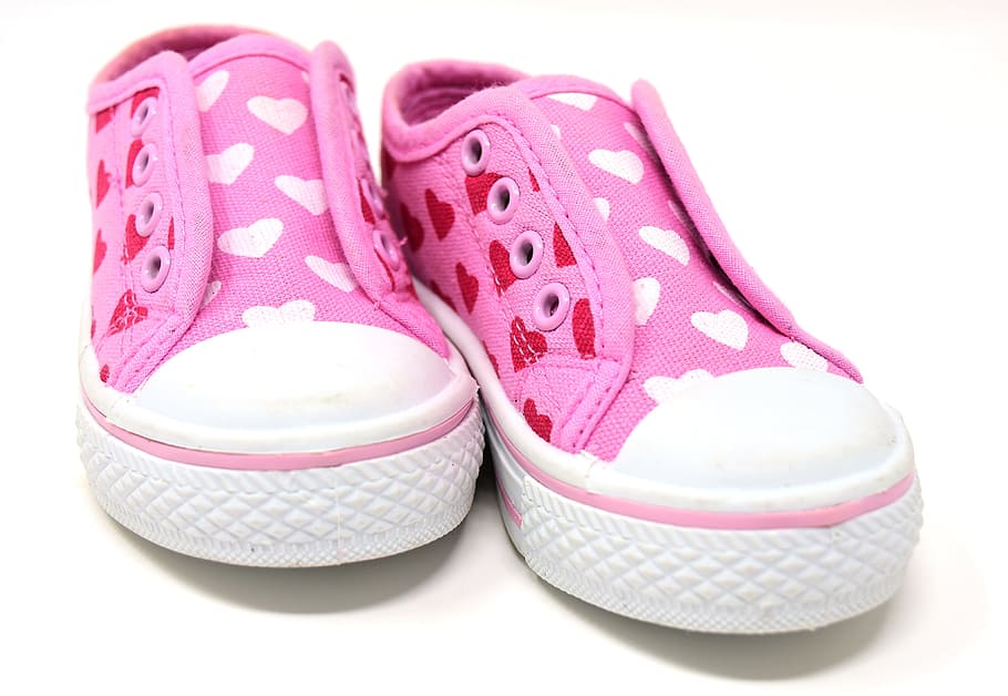 pair, girl, pink-and-white, heart, print, low-top, sneakers, children's shoes, cute, sports shoes