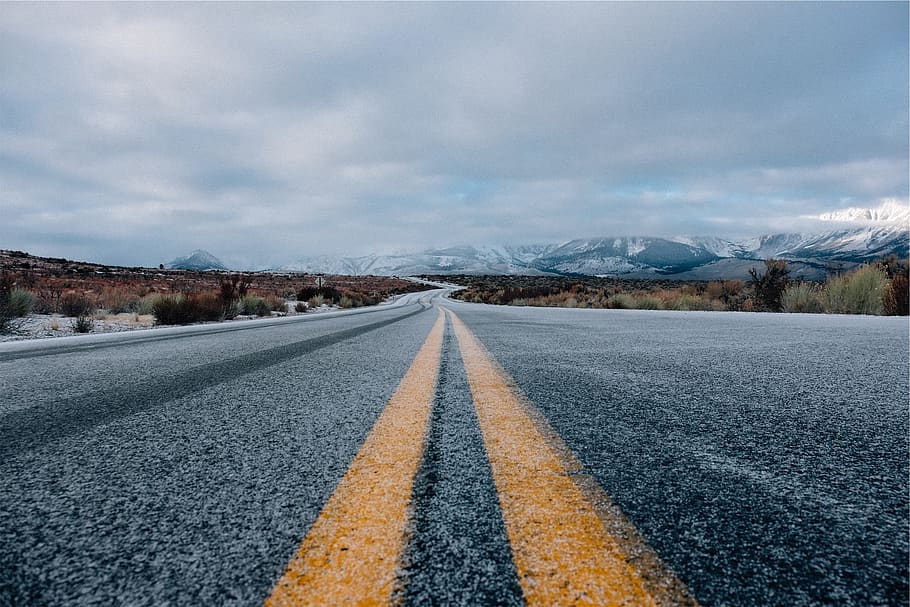 road, pavement, mountains, sky, clouds, snow, cold, transportation, direction, mountain