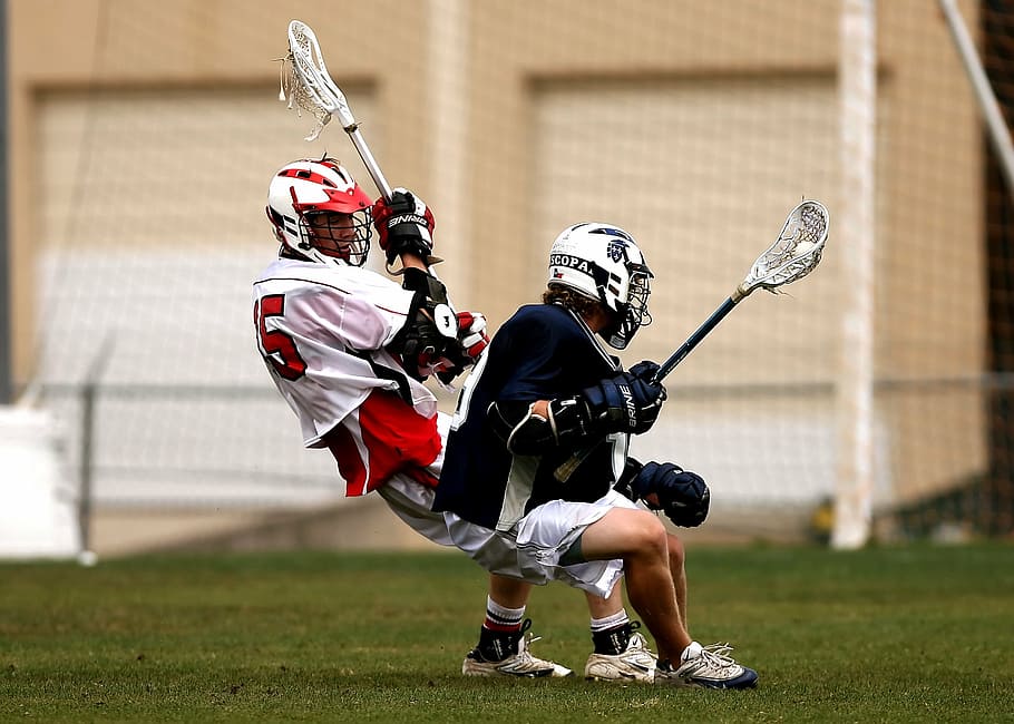 lacrosse, players, clash, conflict, stick, sport, helmet, playing, male, game