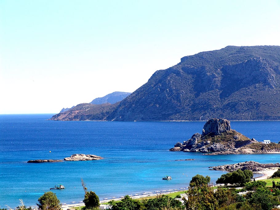 clear, blue, mountain, greece, kos island, blue bay, water, sea, scenics - nature, sky