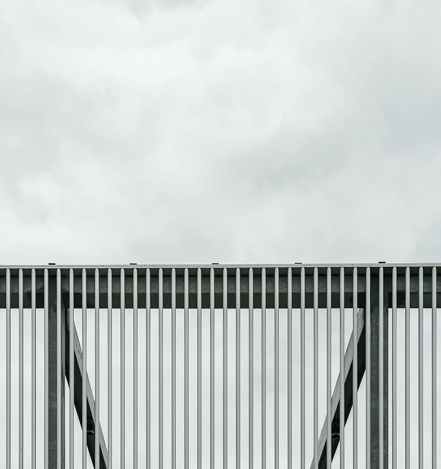 gray metal frame, architecture, building, infrastructure, fence, sky, cloud - sky, nature, day, pattern