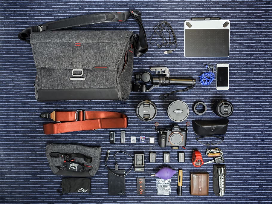 black, dslr camera kit, accessories, bag, blue, textile, DSLR camera, kit, belt, box