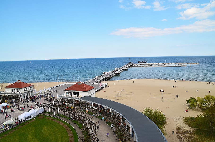 the pier, polish sea, the baltic sea, beach, people on the beach, sunbathers, summer, sopot, poland, landscapes
