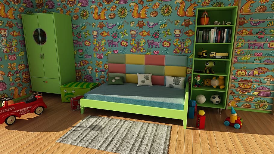 verde, de madera, armazón de cama, colchón, armario, papel tapiz, habitación, pared, apartamento, habitación infantil