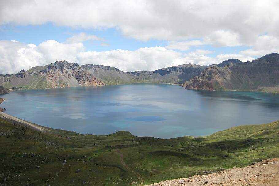 lake, mountain, mt paektu, the heavens and the earth, nature, scenics - nature, water, cloud - sky, tranquil scene, beauty in nature