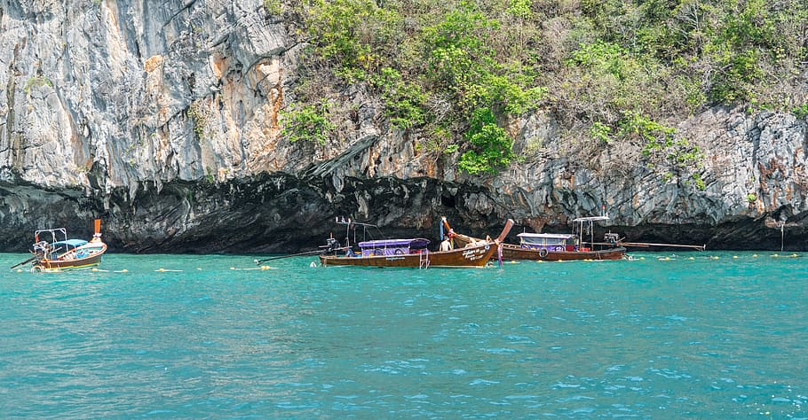 phi phi island tour, phuket, thailand, wooden boats, sea, water, tourism, nature, mountains, rocks