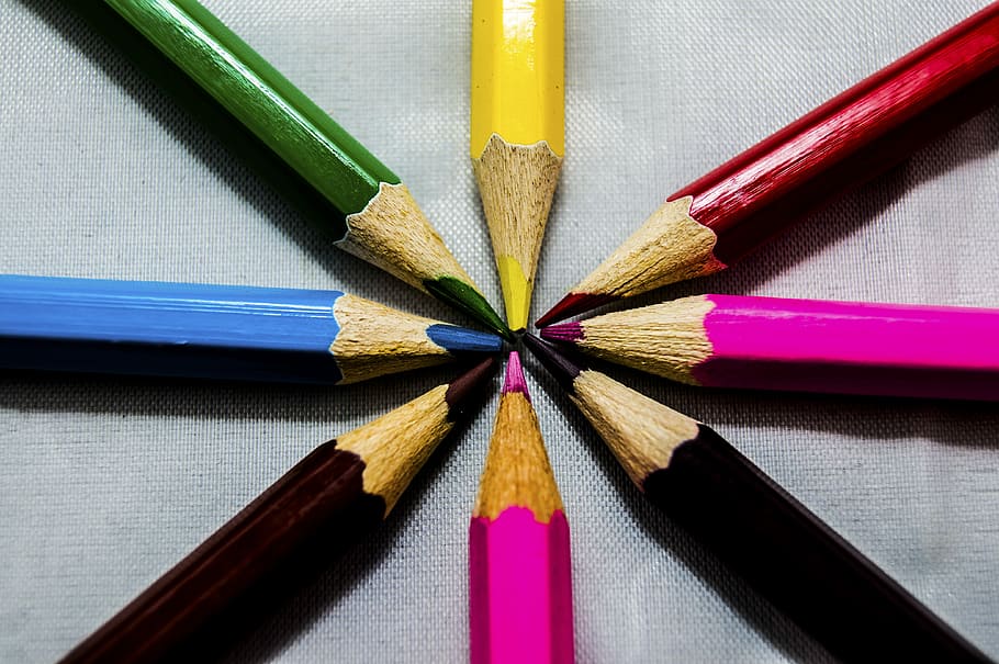 ocho lápices de colores variados, lápiz, madera, escuela, educación, composición, creatividad, escritura, color, universidad