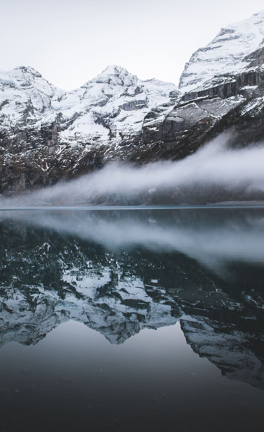 nature, mountain, reflection, river, lake, fog, snow, winter, cold, weather