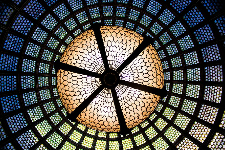 building roof interior, tiffany dome, chandelier, glass, glass ceiling, light, symmetry, art glass dome, chicago cultural center, indoors