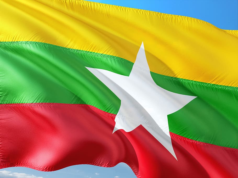 international, flag, myanmar, south east asia, patriotism, red, green color, multi colored, yellow, nature