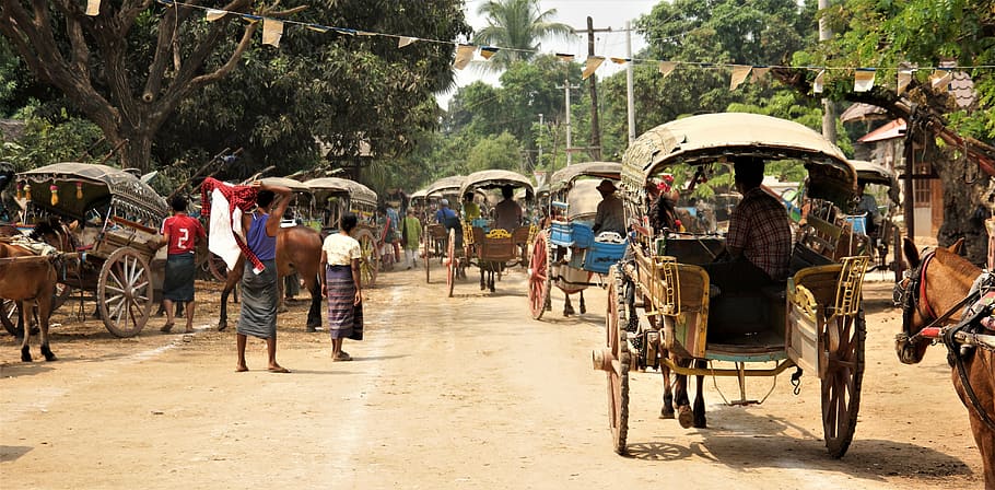 people, riding, horse carriages, myanmar, temple visit, travel, transportation, outdoors, sitting, focus on foreground