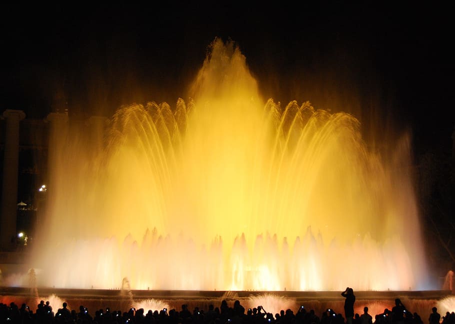 Fontana, Colors, Night, Lighting, Water, games, fountain, vibrant Color, large group of people, crowd