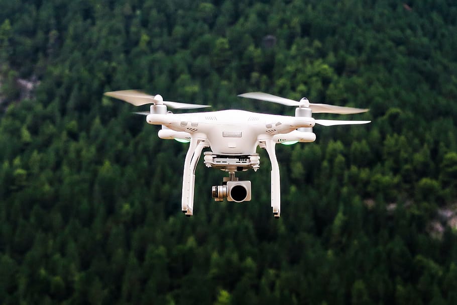 flying, white, dji, phantom, drone, trees, aerial, camera, photography, videography