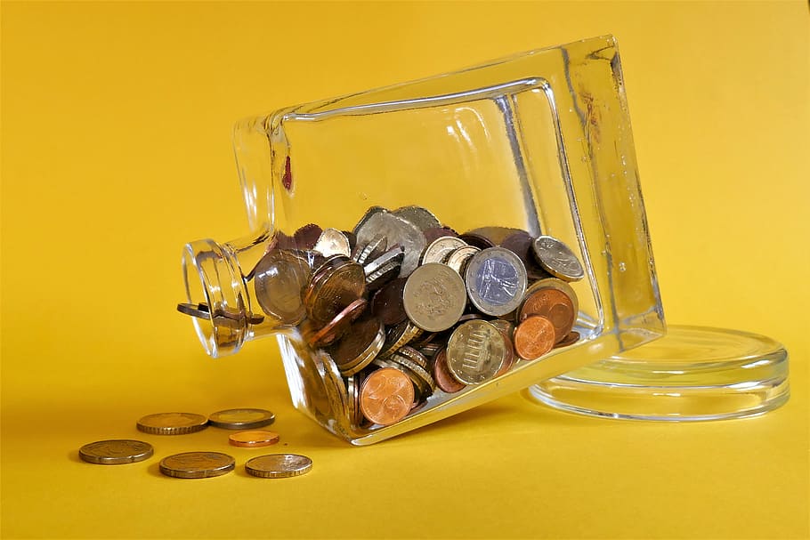 fondo, vidrio, riqueza, dinero, botella, ahorro, finanzas, monedas, dinero pequeño, Moneda