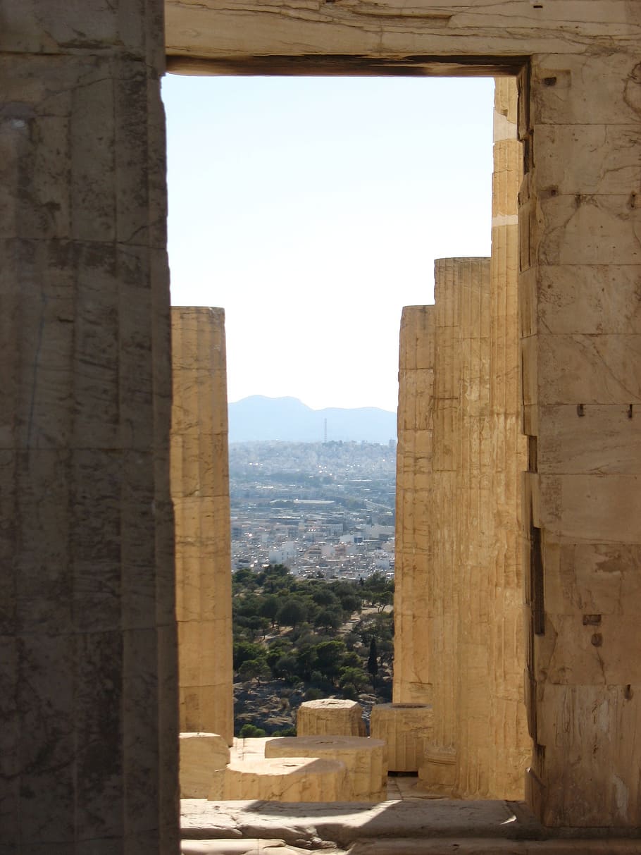 atenas, acrópolis, templo, grecia, pilares, escénico, paisaje, cielo, antiguo, ruinas