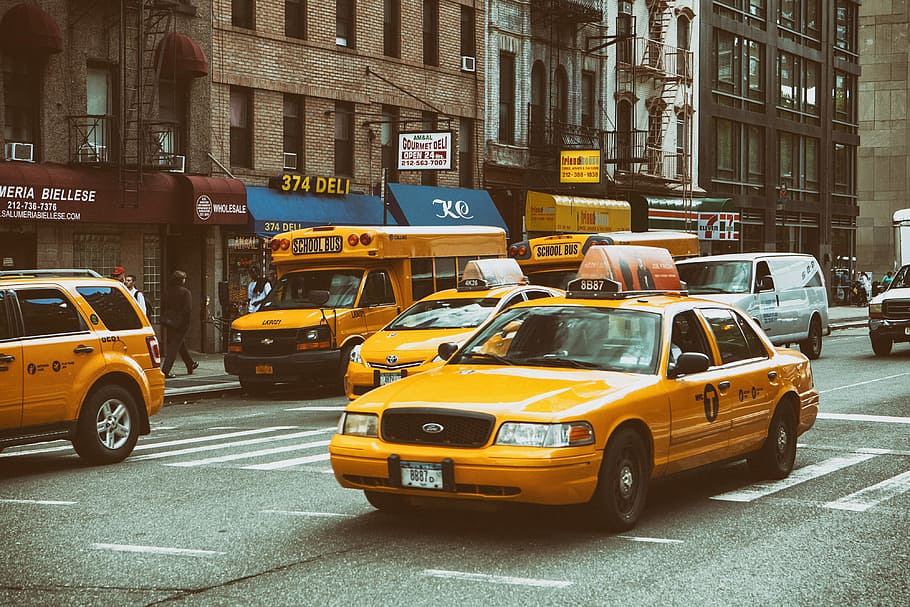 タクシー, バス, 通り, マンハッタン, ニューヨーク市, 黄色, 都市, 車, nYC, 旅行