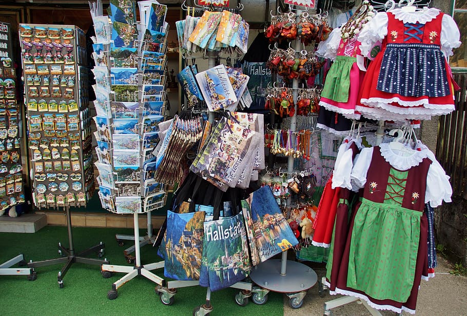 hallstatt, austria, souvenirs, shop, stand, tourism, sale, trinkets, national, costume
