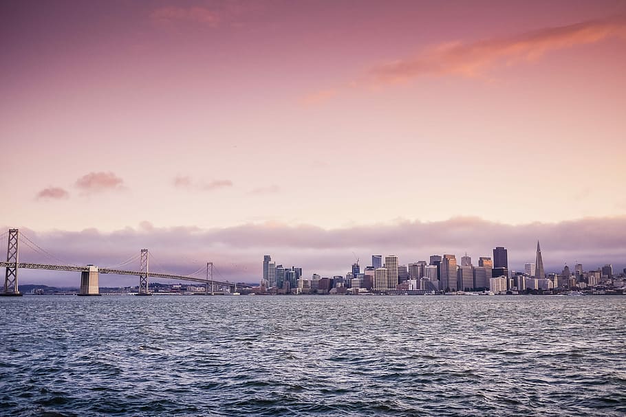 san francisco skyline malam, San Francisco, Evening, Skyline, Bay Bridge, Sunset, arsitektur, bangku, jembatan, bangunan