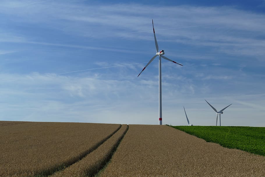 nature, vision, wind turbines, rotors, field, arable, cereals, technology, environment, electricity